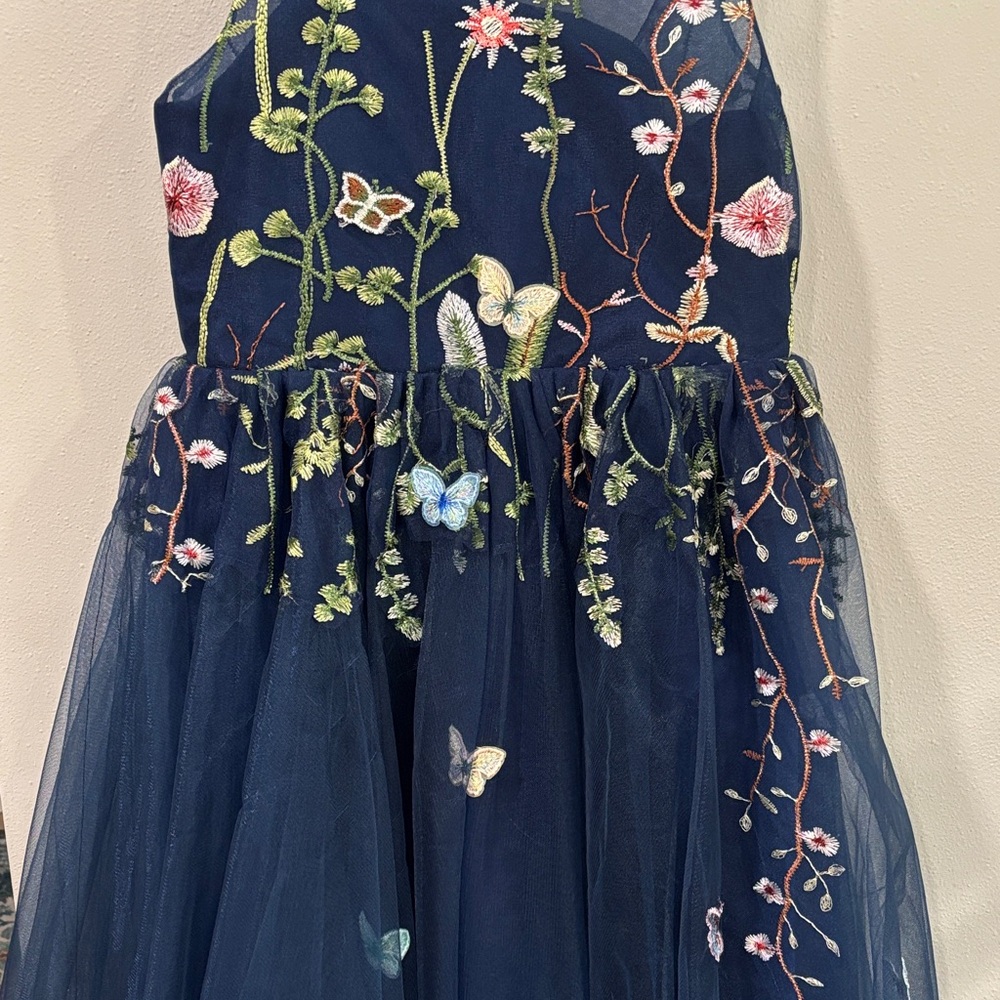Floral Embroidered Navy Blue Kids Dress - Picture 4 of 4